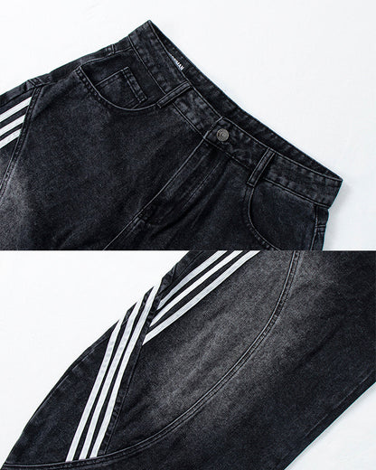 Striped Panel Washed Denim Pants