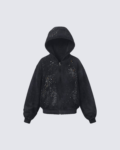 Washed Rhinestone Boxy Hoodie