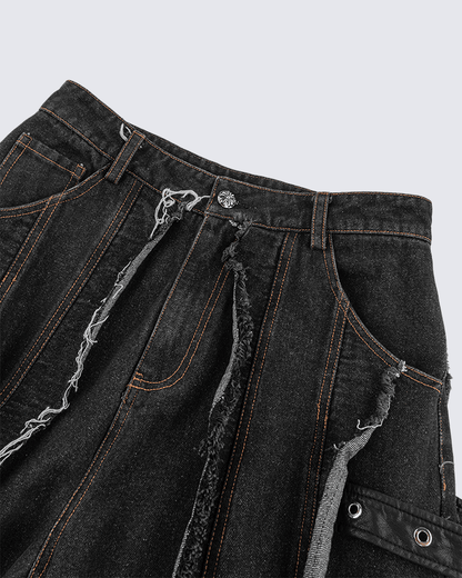 Frayed Patchwork Wide-Leg Denim Pants