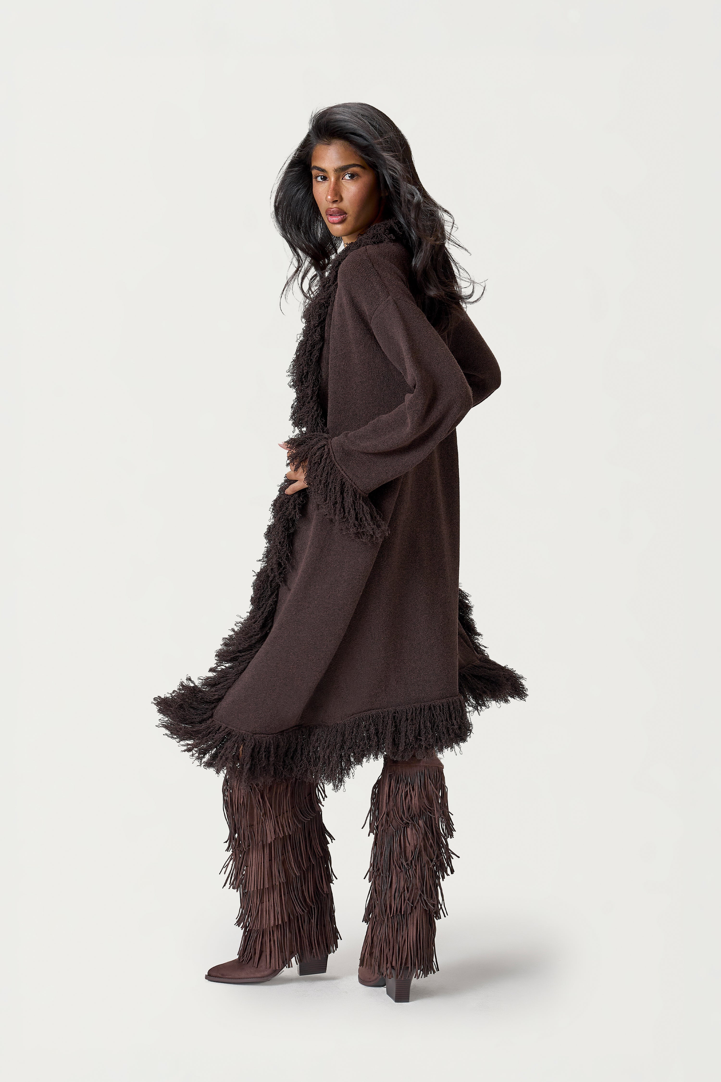 Santana Fringe Midi Cardigan in Brown