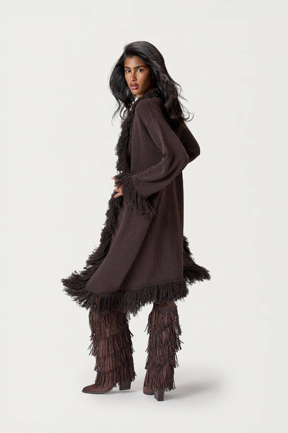 Santana Fringe Midi Cardigan in Brown