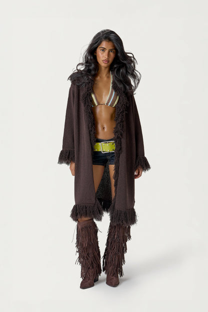 Santana Fringe Midi Cardigan in Brown