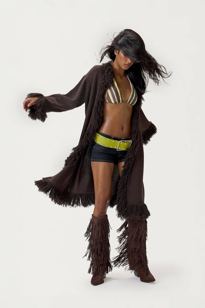 Santana Fringe Midi Cardigan in Brown