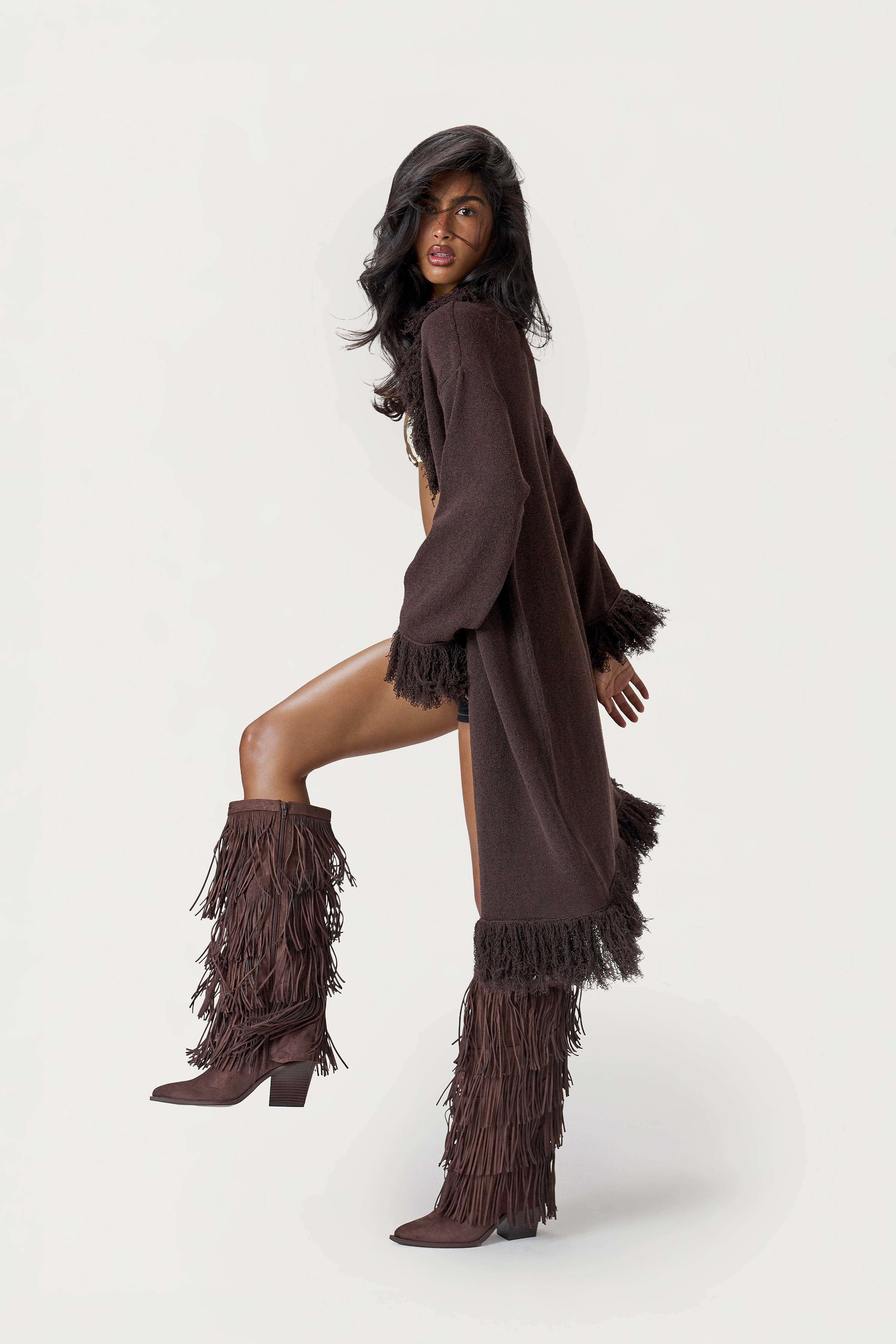 Santana Fringe Midi Cardigan in Brown