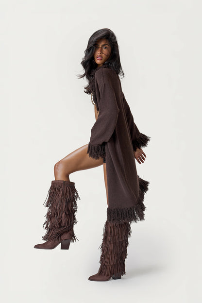 Santana Fringe Midi Cardigan in Brown
