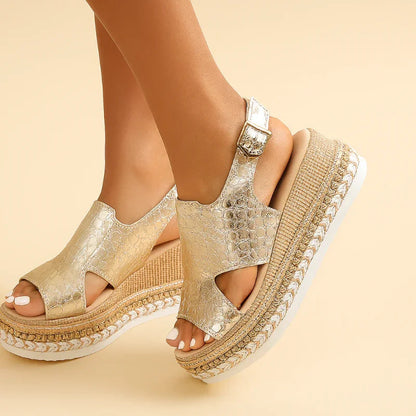 Extra Wide Platform Sandals for Bunions - Metallic, Slingback, 7cm Heel
