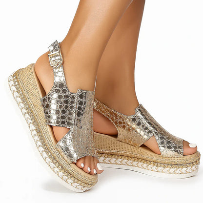 Extra Wide Platform Sandals for Bunions - Metallic, Slingback, 7cm Heel