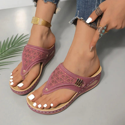 Boho Wedge Flip-Flops — Gold Ring Detail, Summer Platform