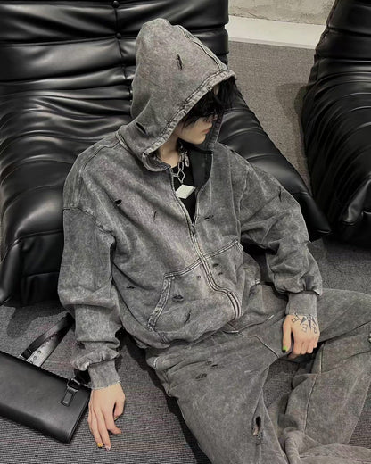 Distressed Washed Zip-Up Hoodie