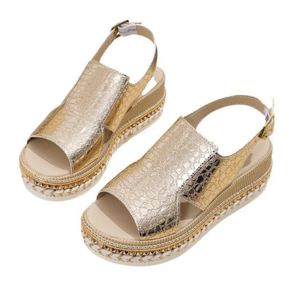 Extra Wide Platform Sandals for Bunions - Metallic, Slingback, 7cm Heel