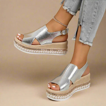 Extra Wide Platform Sandals for Bunions - Metallic, Slingback, 7cm Heel