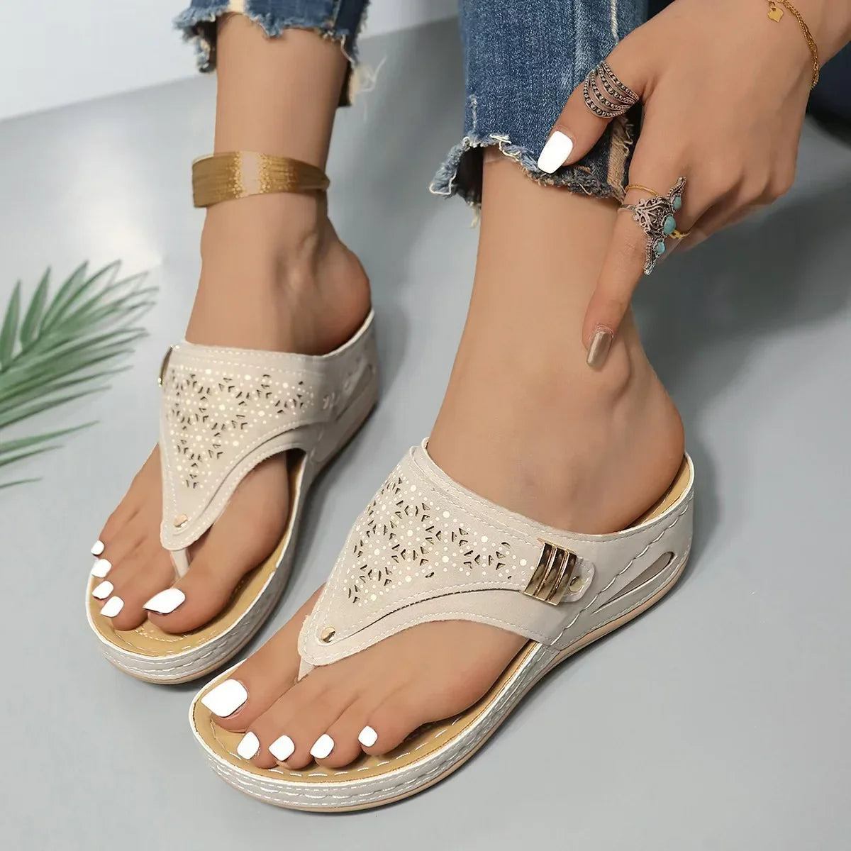 Boho Wedge Flip-Flops — Gold Ring Detail, Summer Platform