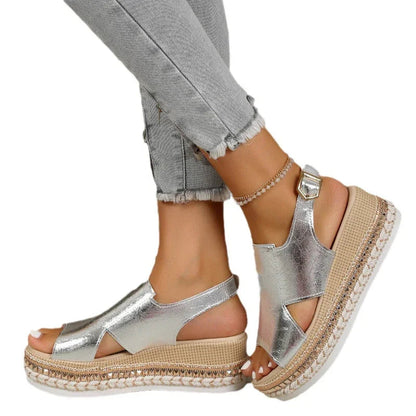 Extra Wide Platform Sandals for Bunions - Metallic, Slingback, 7cm Heel