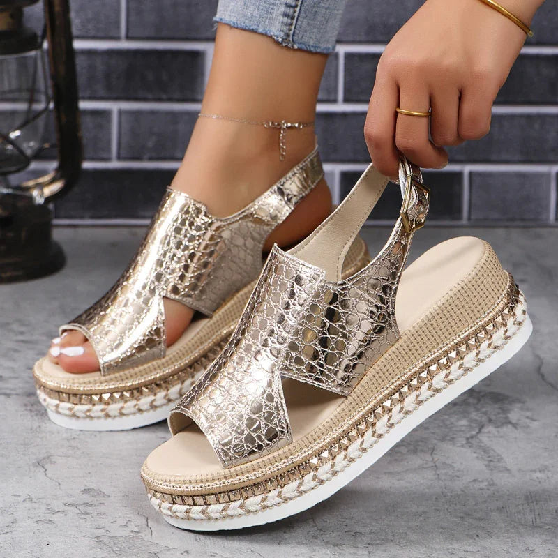 Extra Wide Platform Sandals for Bunions - Metallic, Slingback, 7cm Heel