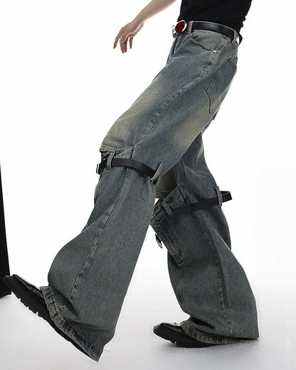 Vintage Buckle Strap Wide-Leg Jeans