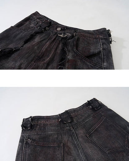 KIIKIO Distressed Black Denim Wide-Leg Pants with Frayed Details