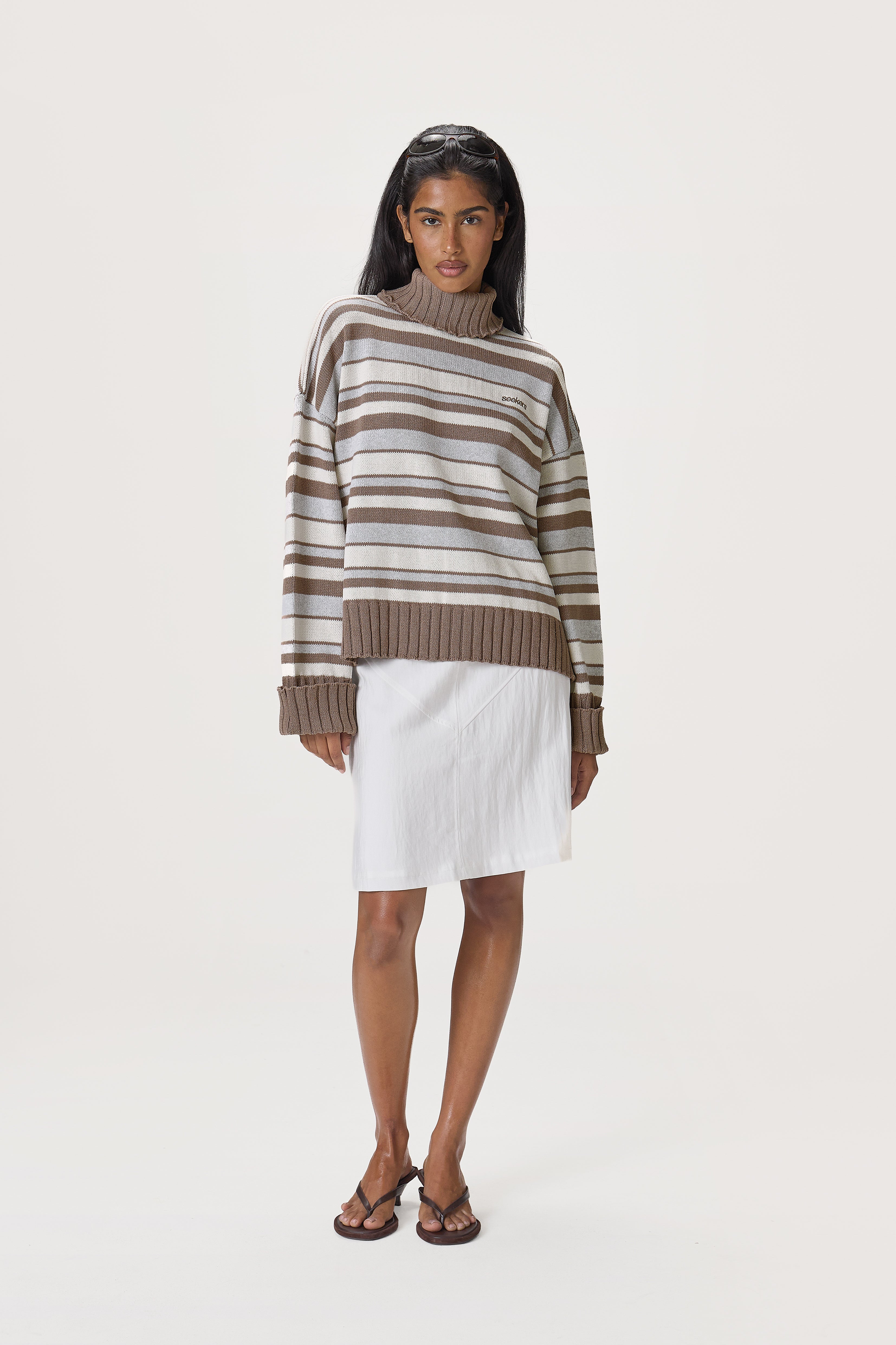 Bella Stripe Roll Neck in Neutral Stripe