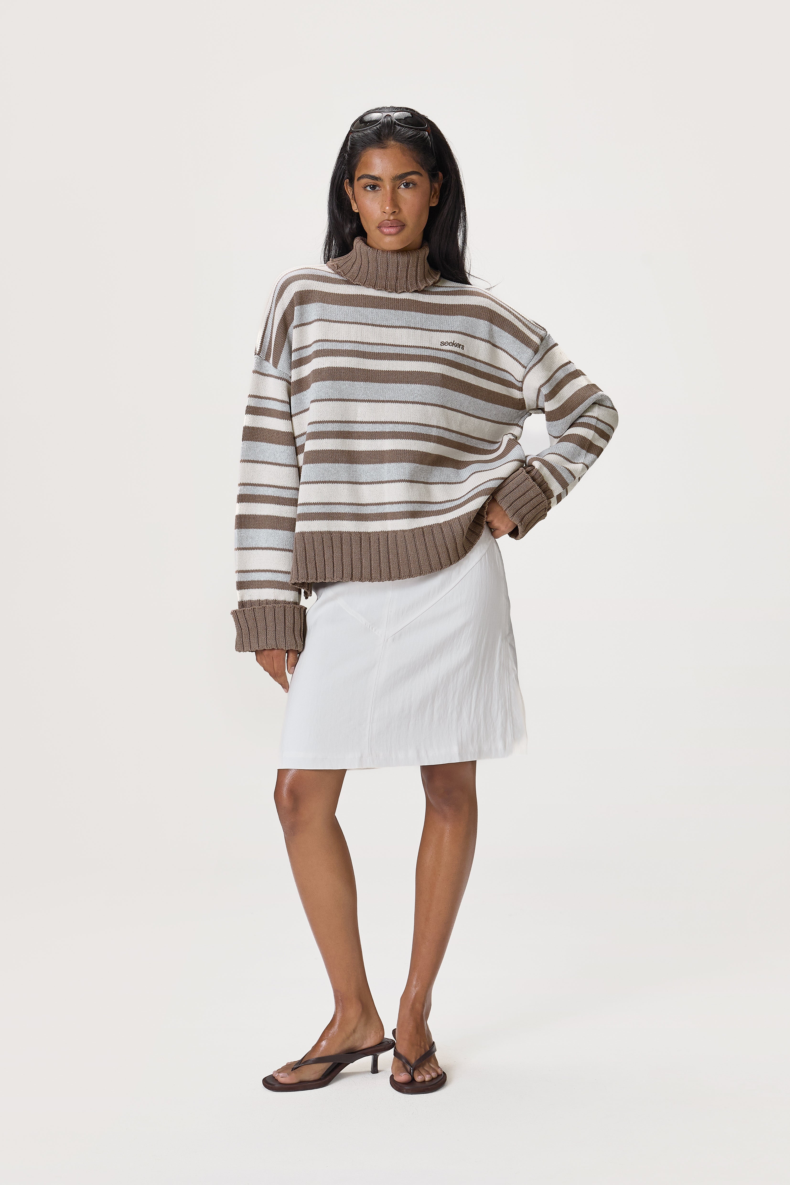 Bella Stripe Roll Neck in Neutral Stripe