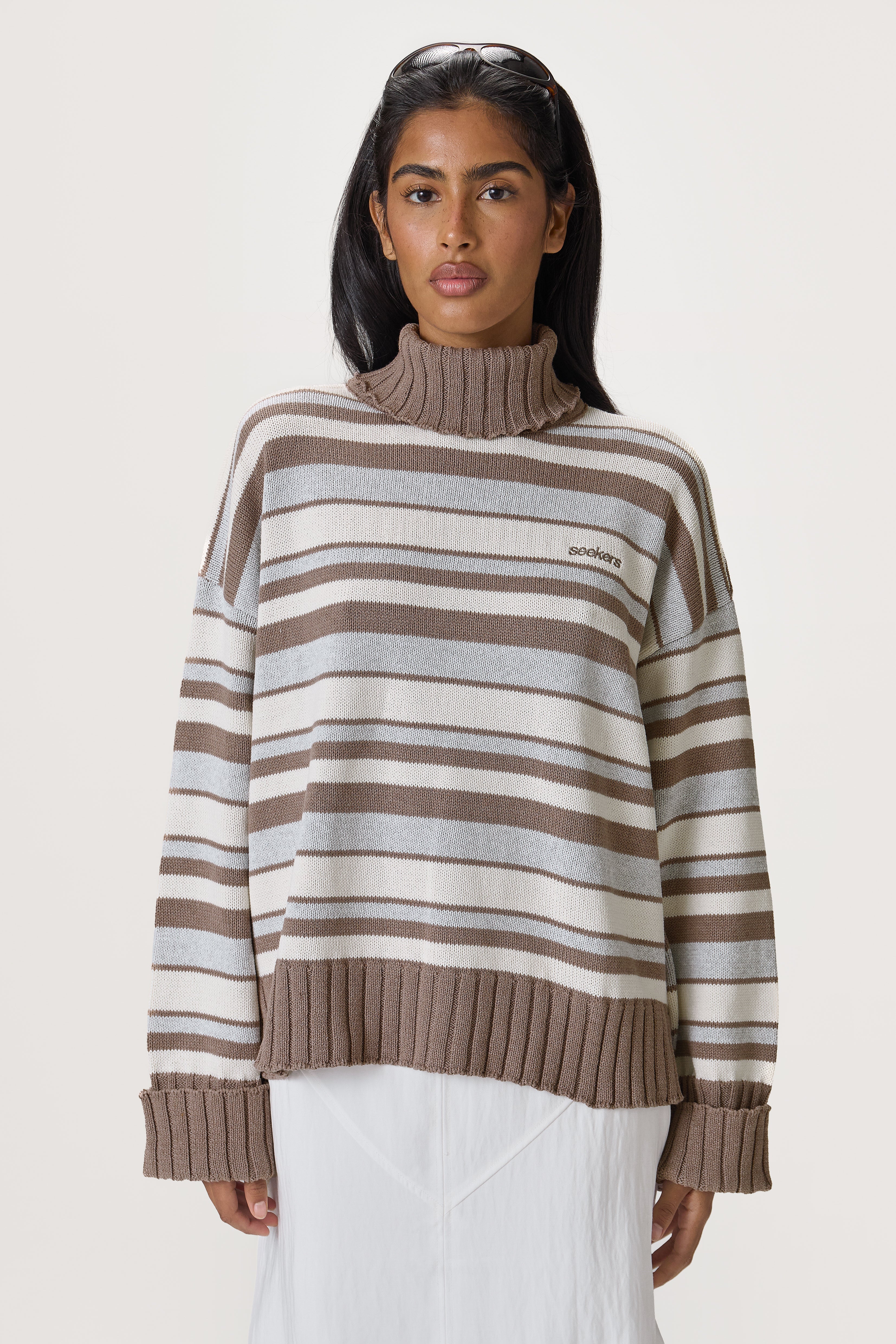 Bella Stripe Roll Neck in Neutral Stripe