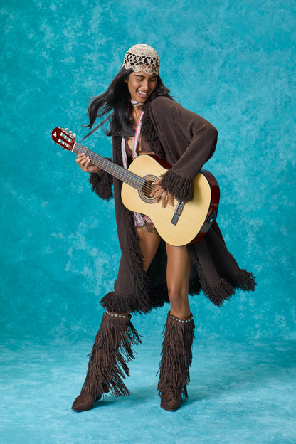 Santana Fringe Midi Cardigan in Brown