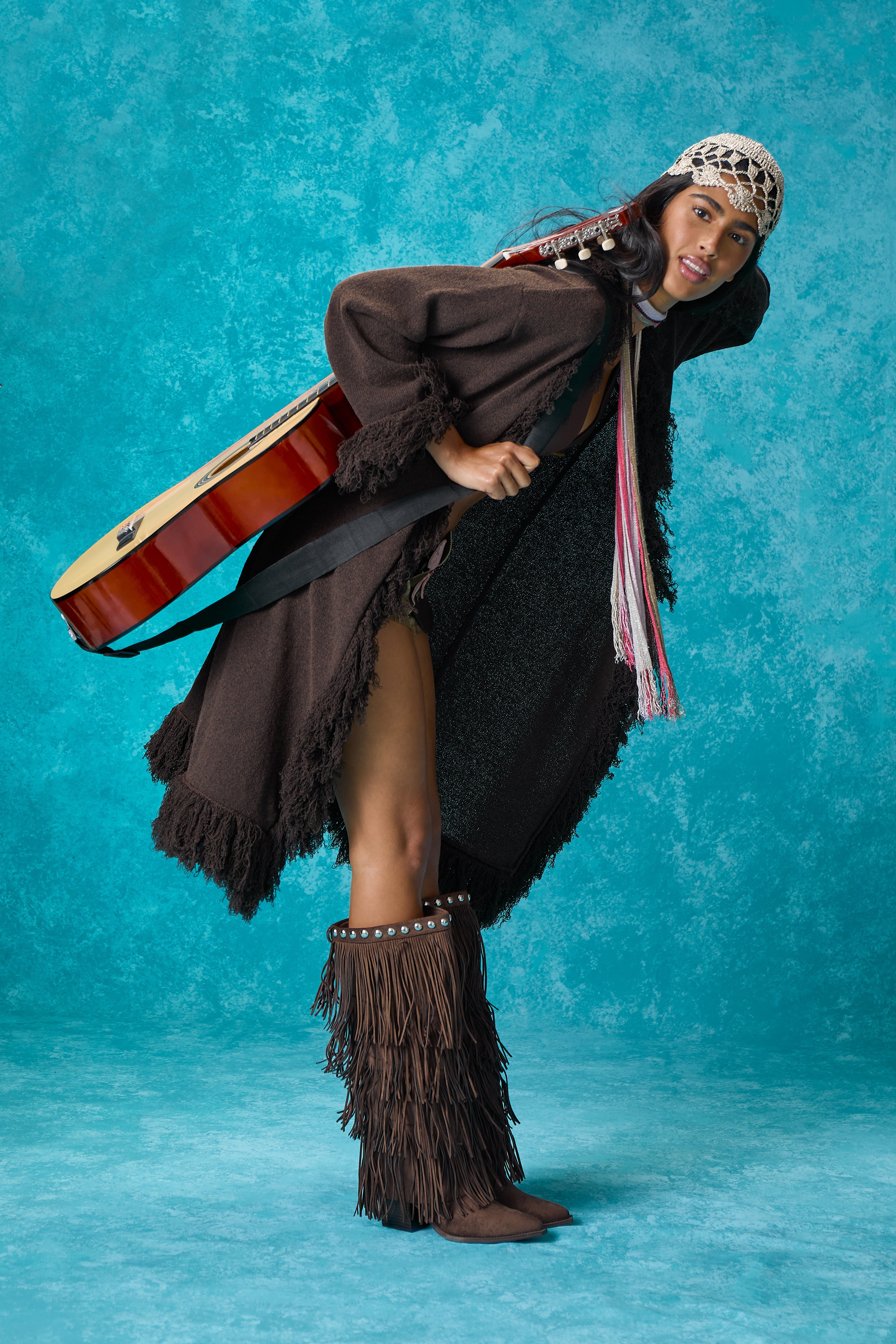 Santana Fringe Midi Cardigan in Brown