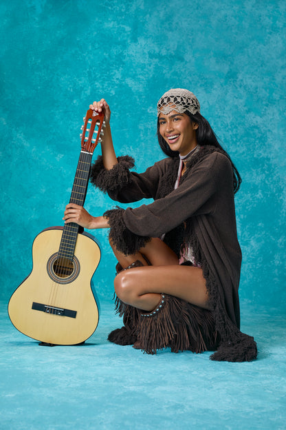 Santana Fringe Midi Cardigan in Brown