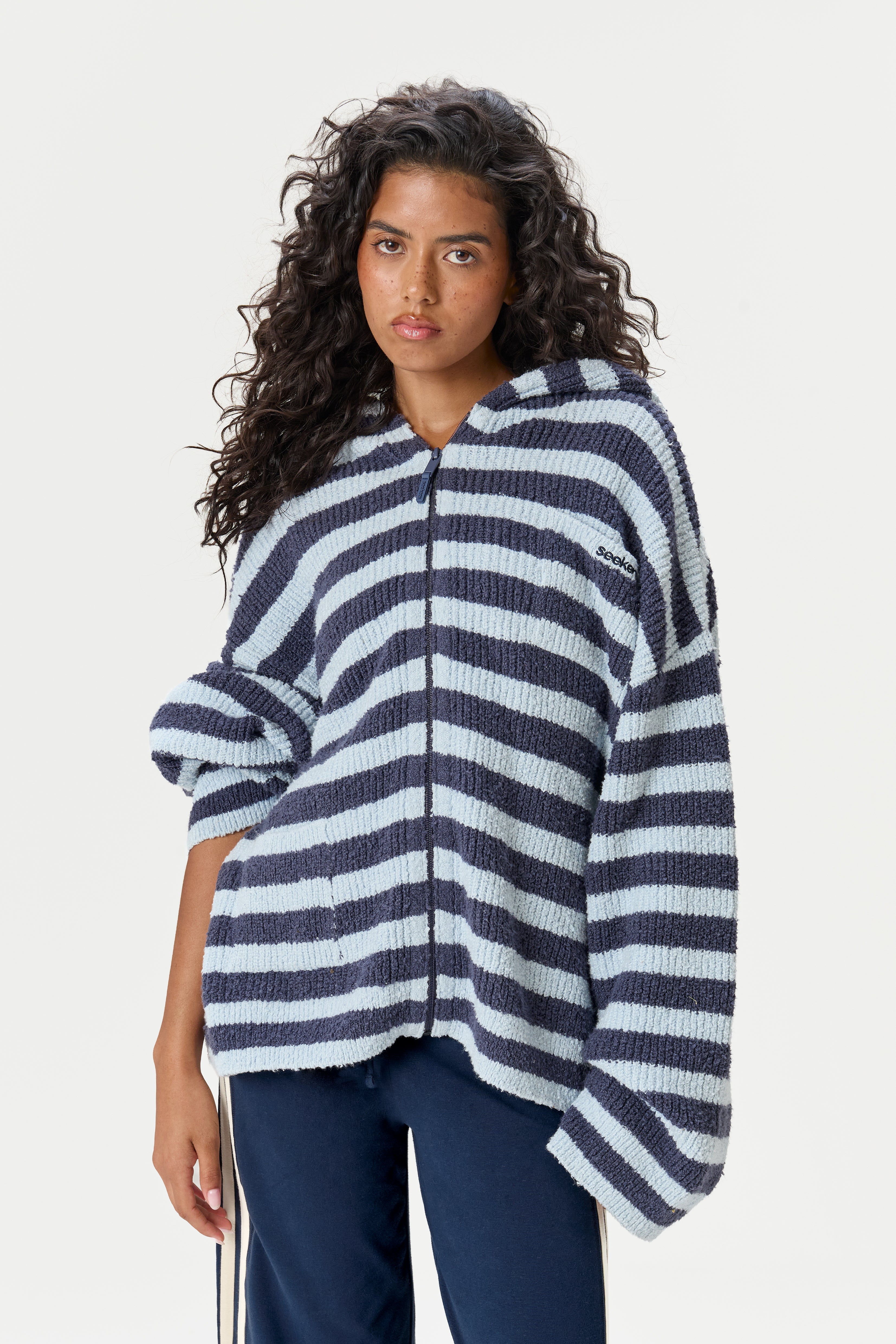 Jasper Knit Hoodie Zip Up in Blue