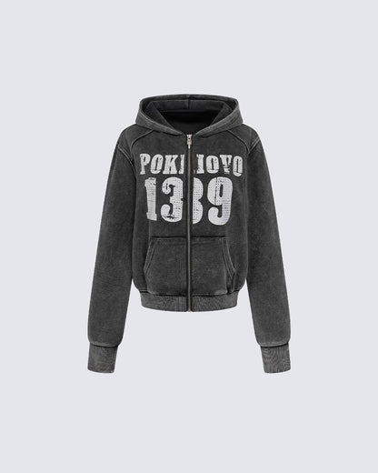 American Street Distressed Print Zip-Up Hoodie