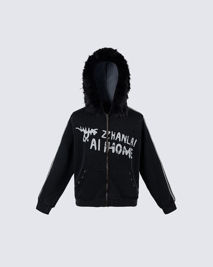 Gradient Faux Fur Hood Zip Hoodie