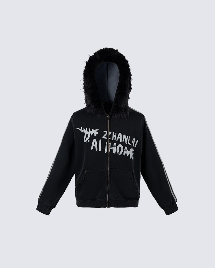 Gradient Faux Fur Hood Zip Hoodie
