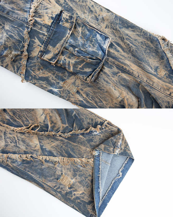 Distressed Cargo Wide-Leg Jeans