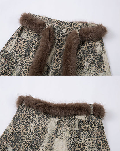 Leopard Print Fur-Trimmed Pants