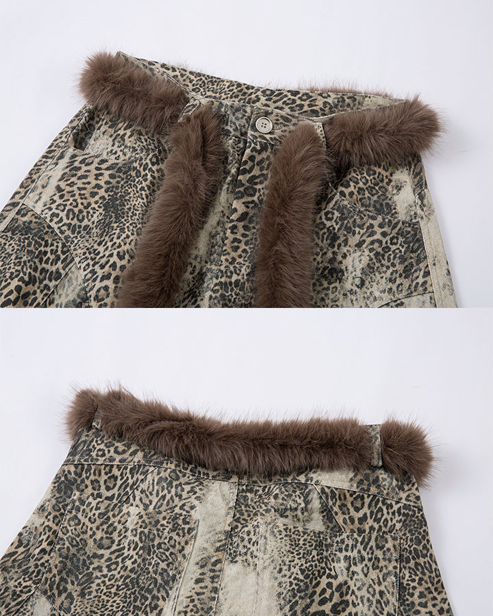 Leopard Print Fur-Trimmed Pants
