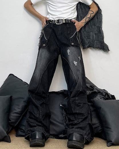Washed Distressed Wide Leg Jeans