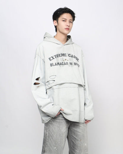 Retro Letter Distressed Hooded Sweatshirt