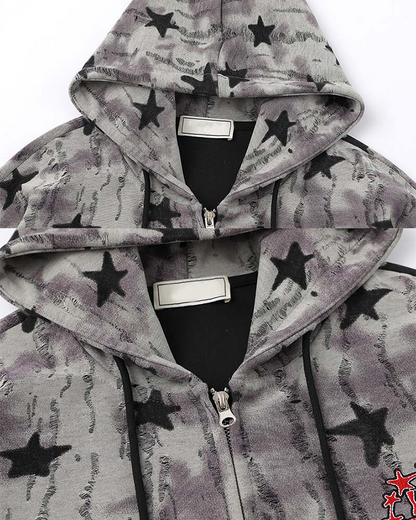 Star Pattern Distressed Zip-Up Hoodie