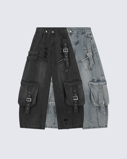 Ripped Denim Cargo Pants – Street Style