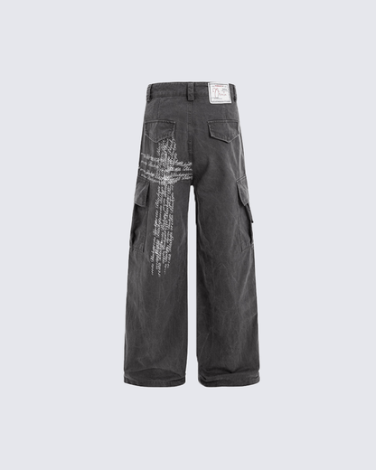 Cross Letter Print Wide-Leg Cargo Pants