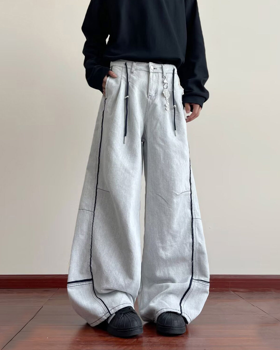 Retro Contrast Stitch Wide-Leg Jeans