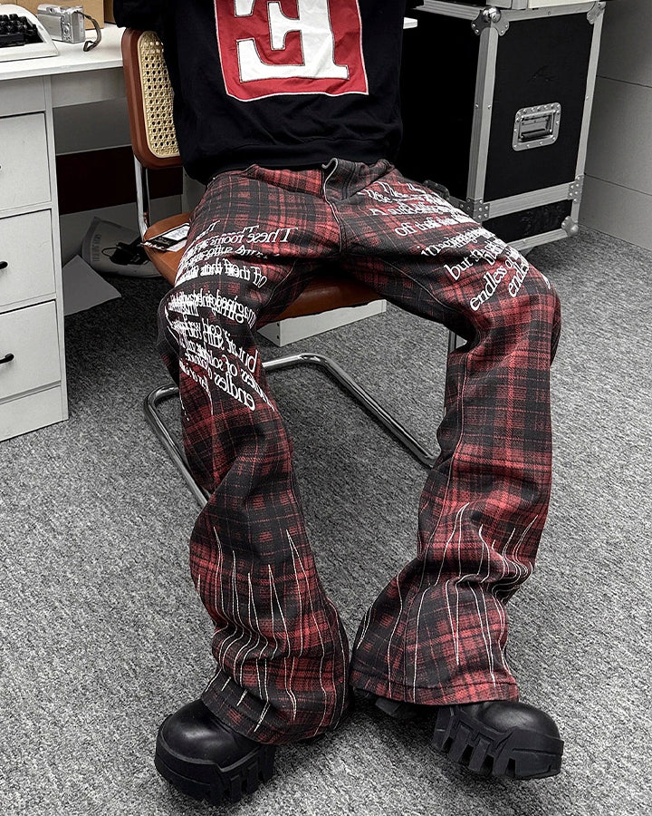 Plaid Frayed Patchwork Printed Pants