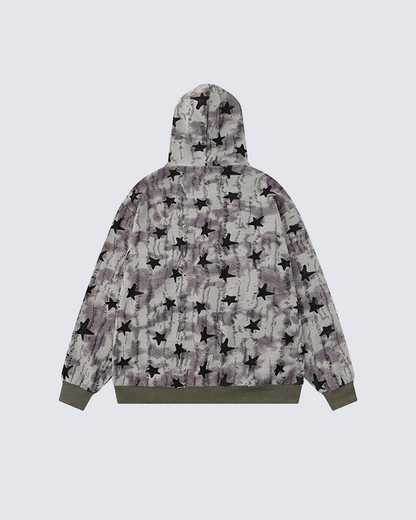 Star Pattern Distressed Zip-Up Hoodie