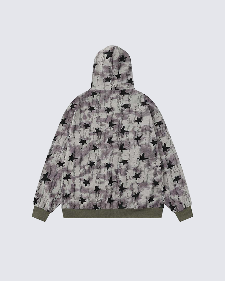 Star Pattern Distressed Zip-Up Hoodie