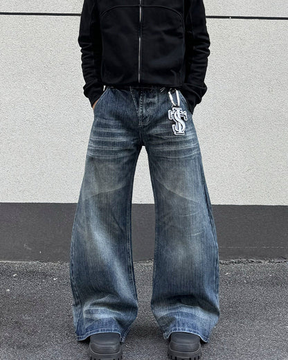 Washed Whisker Wide-Leg Jeans