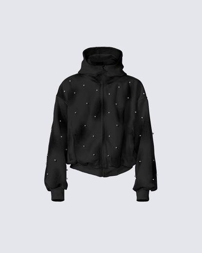 Pearl-Detailed Dirty Wash Zip Hoodie Jacket