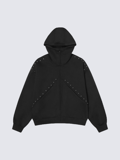 Horned Studded Zip-Up Hoodie with Ear Detail