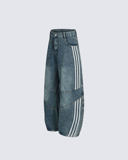 Striped Panel Wide-Leg Denim Pants