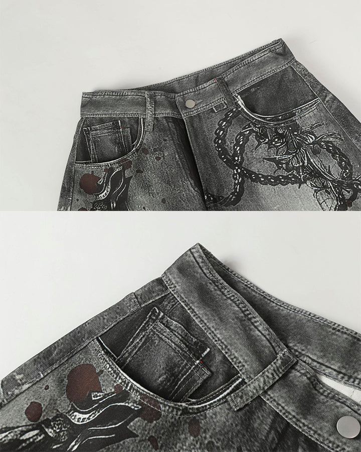 Graphic Print Wide-Leg Denim Jeans