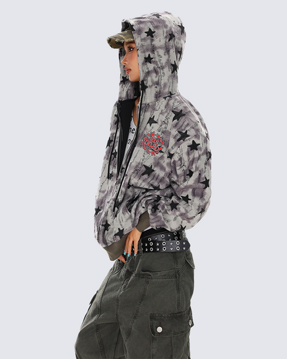 Star Pattern Distressed Zip-Up Hoodie