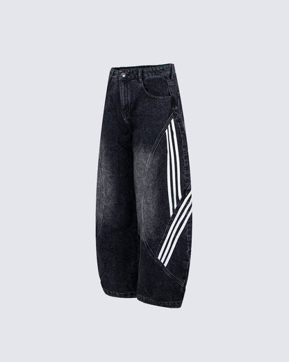 Striped Panel Washed Denim Pants