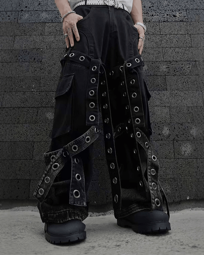 Punk Strap Eyelet Wide-Leg Cargo Pants